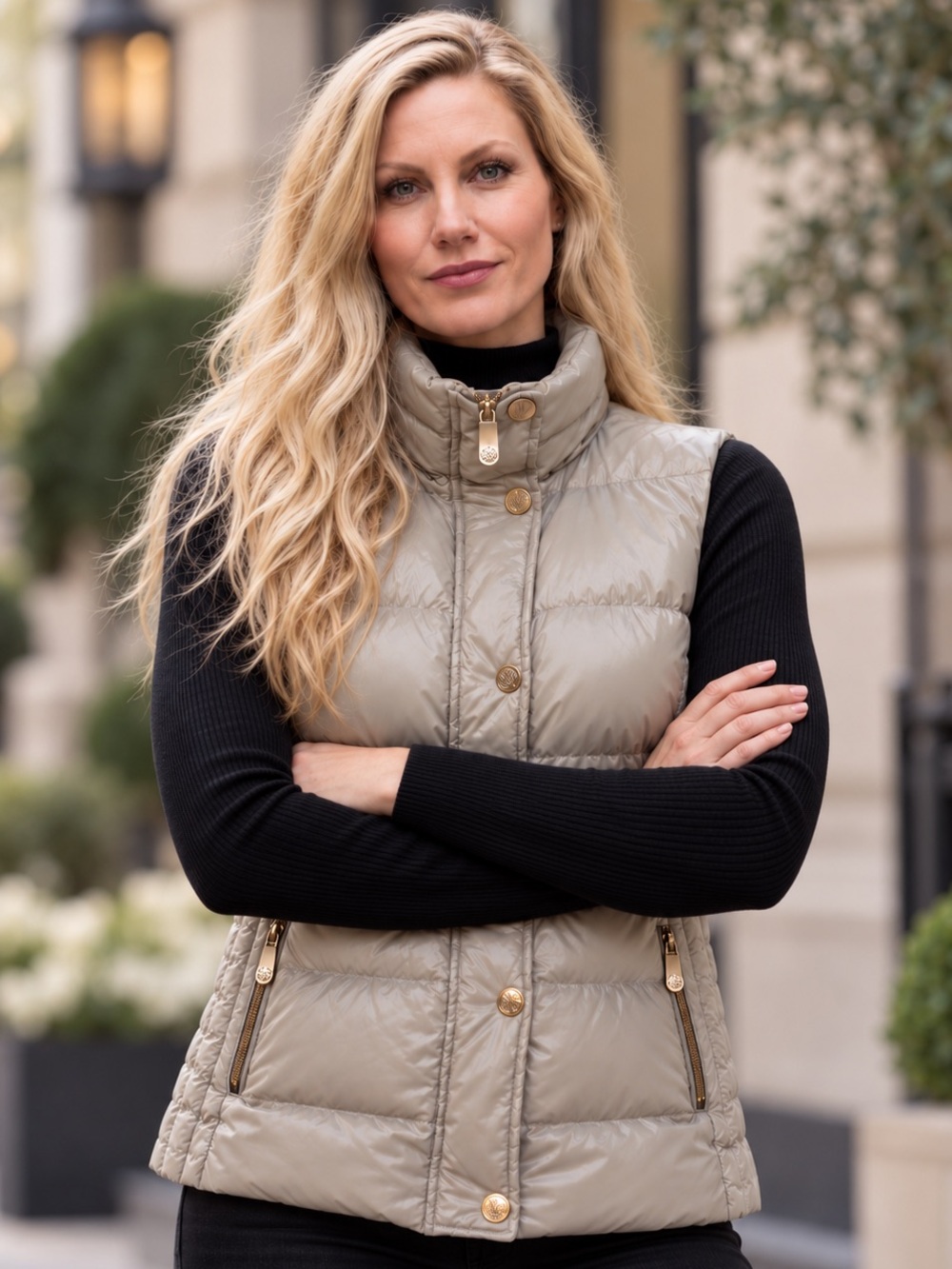 Vincent Comuto Quilted Puffer Vest in Beige with Gold Accents ✨
